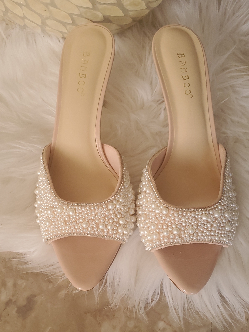 BAMBOO Pearl-Embellished Blush Slide Mules